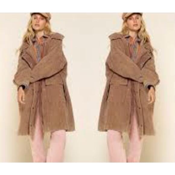 POL Corduroy jacket Oversized Hooded Button Down Trench Coat Tan Western Utility - Picture 3 of 7